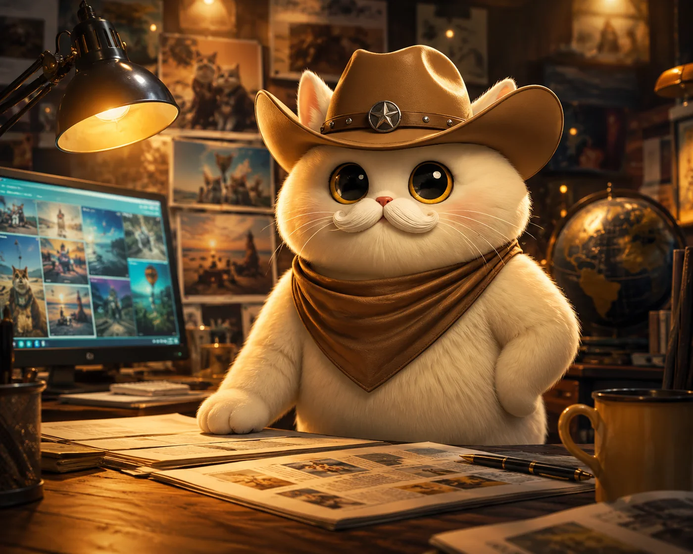 Cowboy cat editor reviewing hopeful headlines in a cozy newsroom